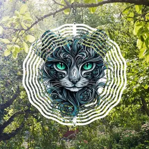 3D Printed Metal Mandala Cat Face Wind Chime, 360° Rotating Hook Colorful Reflective Patio Decor, Unique Gift for Garden Balcony