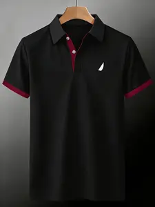 Men's Black & Burgundy Contrast Polo Shirt with Sailboat Logo Short Sleeve Casual Slim Fit Business Streetwear T-Shirt