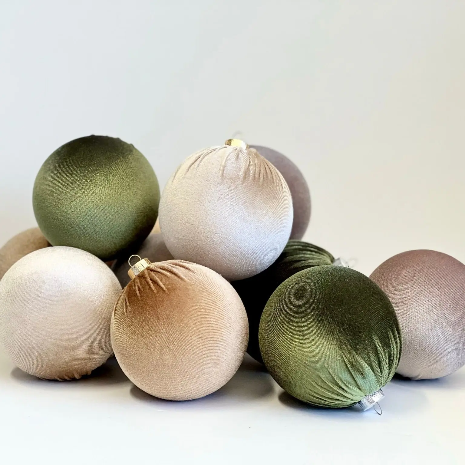 12 Green & Beige Velvet Christmas Balls: Holiday Tree Ornaments