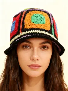 Vintage Multi-Color Geometric Patch Hand Woven Bamboo Hat, Ultra Soft Warm Yarn, Winter Cold Wind Protection, Y2K Streetwear Headwear