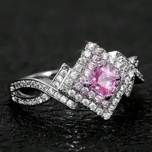 Fashion square ring for women, pink zirconia stone, Suitable for daily wear, party, wedding ring, engagement ring, anniversary gift