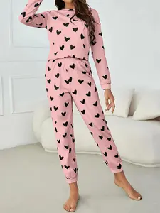Two-Piece Heart Pajama Set, Light Blue Long Sleeve, Cute Comfortable Home Wear, Casual Loose-Fitting Loungewear Pyjamas for Fall & Winter