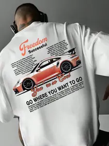 Unisex's Porsche Print Short Sleeve Graphic Tee, Regular Fit Casual Freedom Success Letter Print T-shirt for Daily Wear, Men's Top for Summer, Crewneck