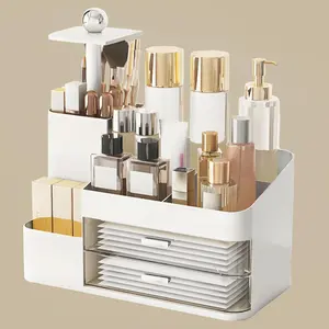 Large Makeup Organizer Countertop with Brush Holder, Make Up Organizer with Drawers, Countertop Makeup Organizers for Vanity, Multi-Functional Makeup Storage Organizer for Skincare, White