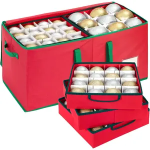 Large Christmas Ornament Storage Box With Adjustable Dividers,Ornament Storage Container with 8 Removable Trays for 128 Holiday Decorations,Red