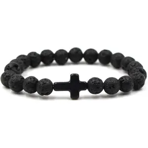 Lava Rock Stone Beaded Bracelet, Cross Charm  Volcanic Stone beads Turquoise Stretch Bracelet for Women Men Religion  Pray Baptism