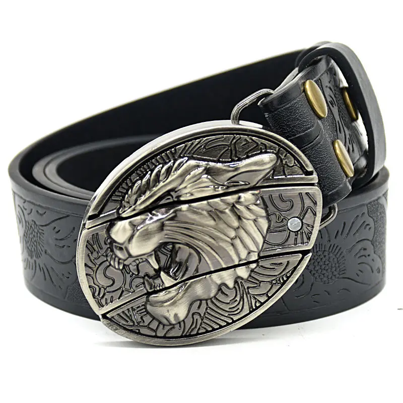 Tiger head knife buckle embossed black