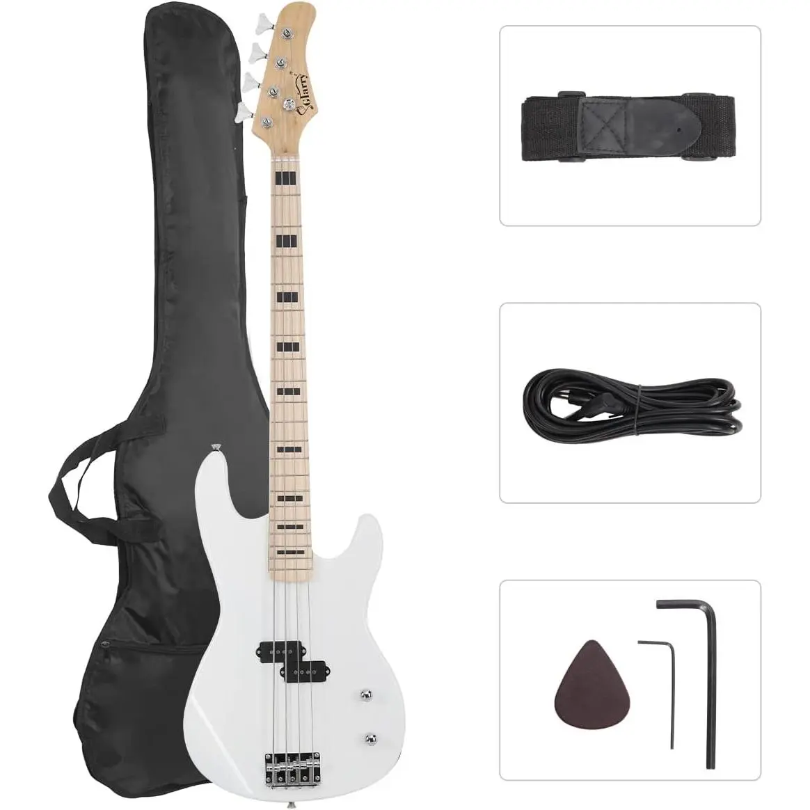 GLARRY GP Series Full-Size 4-String Electric Bass Guitar Beginner Kit with Canadian Maple Fingerboard, Shoulder Strap, 1/4" Jack, Aux Input Jack, Amplifier Cord, Portable Guitar Bag, Bass Pick, 3.0kg/6.72lb & Accessories