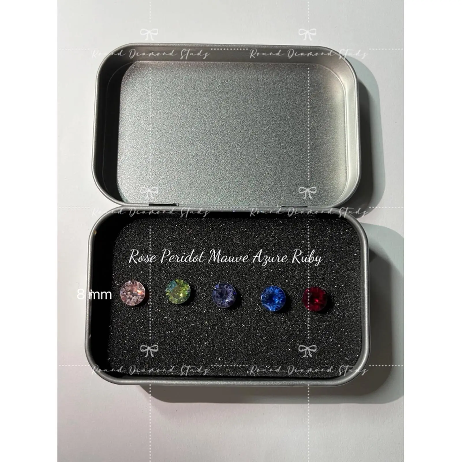 Round Dimond Stubs Earrings 8mm in Rose Peridot Mauve Azure Ruby Colors Silver Material 15 Pieces Each Color