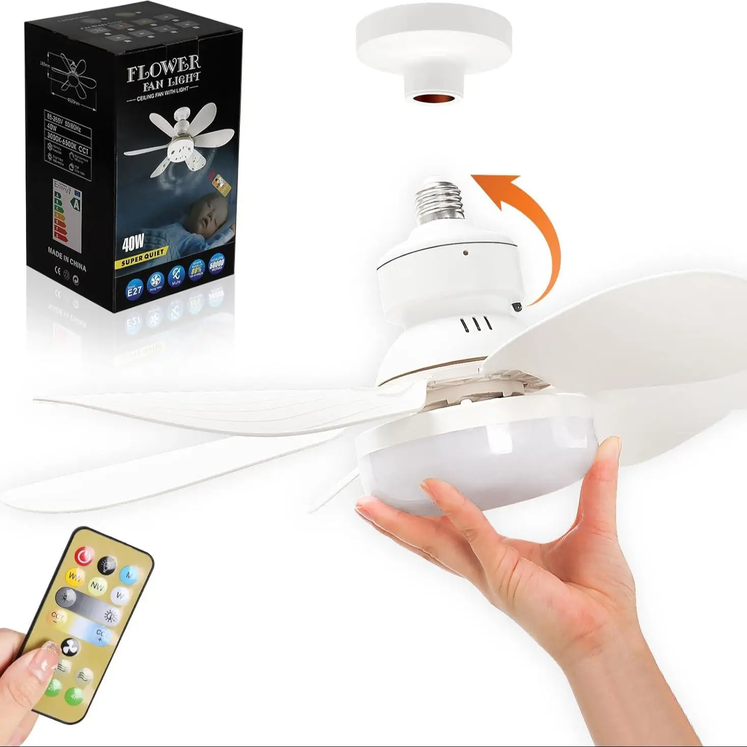 Lighted Socket Ceiling Fan with Light, 1 Box 20.5 Inch Screw Ceiling Fan with Remote Control, LED Mini Ceiling Fan for Bedroom, Garage, Kitchen