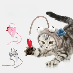 Cute Cat Headwear with Feather Teaser Toy - Fun Dinosaur, Big Eyes, Fish Design - Interactive Play for Feline Friends