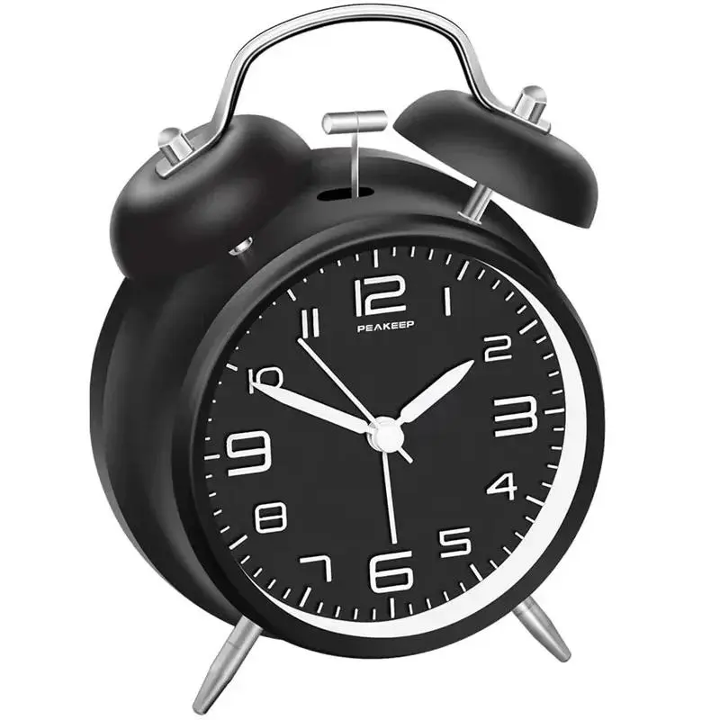 4-Inch Twin Bell Analog Loud Sound Alarm Clock, Metal Frame, 3D Dial with Backlight, Battery-Operated Analog Desk Clock for Home & Office Decor, Analog Clock