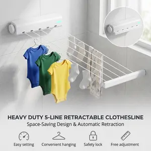 Retractable 5-Line Clothesline, Wall-Mounted Heavy Duty Laundry Line, Space-Saving Indoor Drying Rack for Bathroom, Balcony & Small Spaces