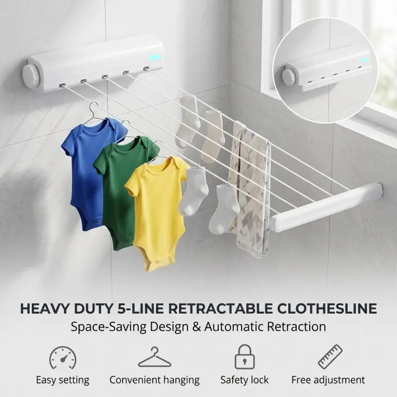 Retractable 5-Line Clothesline, Wall-Mounted Heavy Duty Laundry Line, Space-Saving Indoor Drying Rack for Bathroom, Balcony & Small Spaces, Laundry Products, Wall Mounted Clotheslines, Laundry Racks For Drying Clothes
