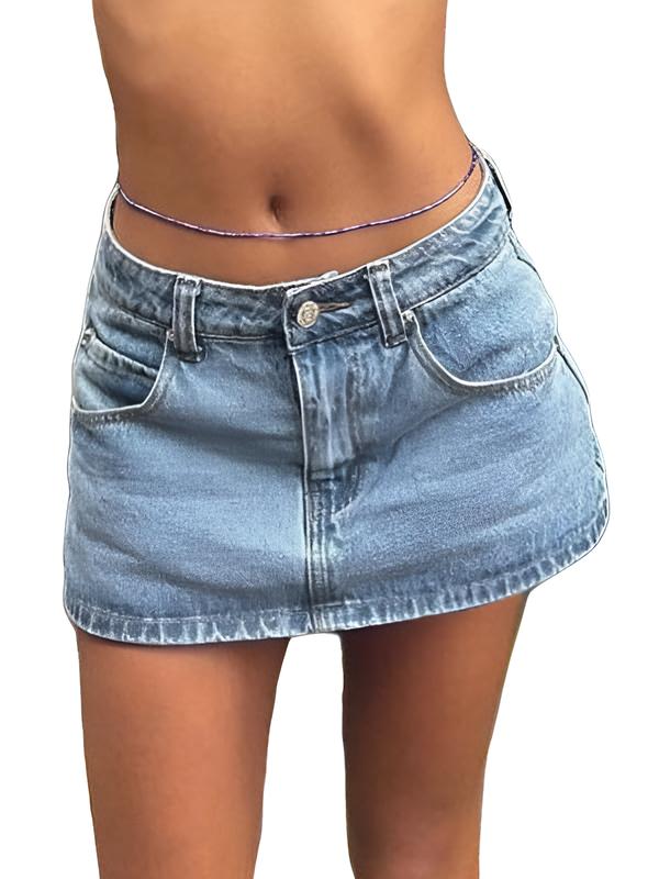 EMMIOL Vintage Blue Fit Denim Mini Jean Skirt for Women - Casual Style Regular Fit Above Knee Cotton Material Multi Belt Loops No Sheer Material Chic Womenswear Machine Washable - Bottom