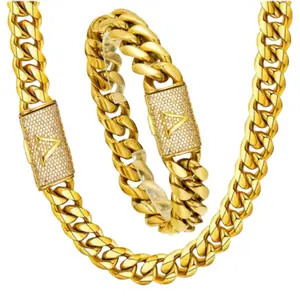 INFILA 14mm Gold Plated Cuban Link Chain 18-30in Custom A-Z Initial Engraved Hip Hop Necklace for Men Women Stainless Steel Trendy Fashionable Accessories Dad Gifts