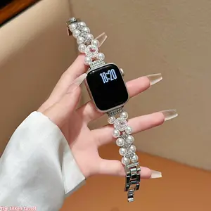 Rhinestone Clover Double Row Pearl Band, Slim Waist Curved Wrist Strap Compatible with Apple Watch 7, 8, 9 And 10, Elegant Luxury Accessory for Daily Casual And Party Wear (No watch)