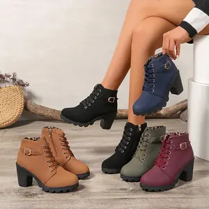 Women's Block Heeled Short Boots, Casual Lace Up Side Zipper Boots, Comfortable Ankle Boots