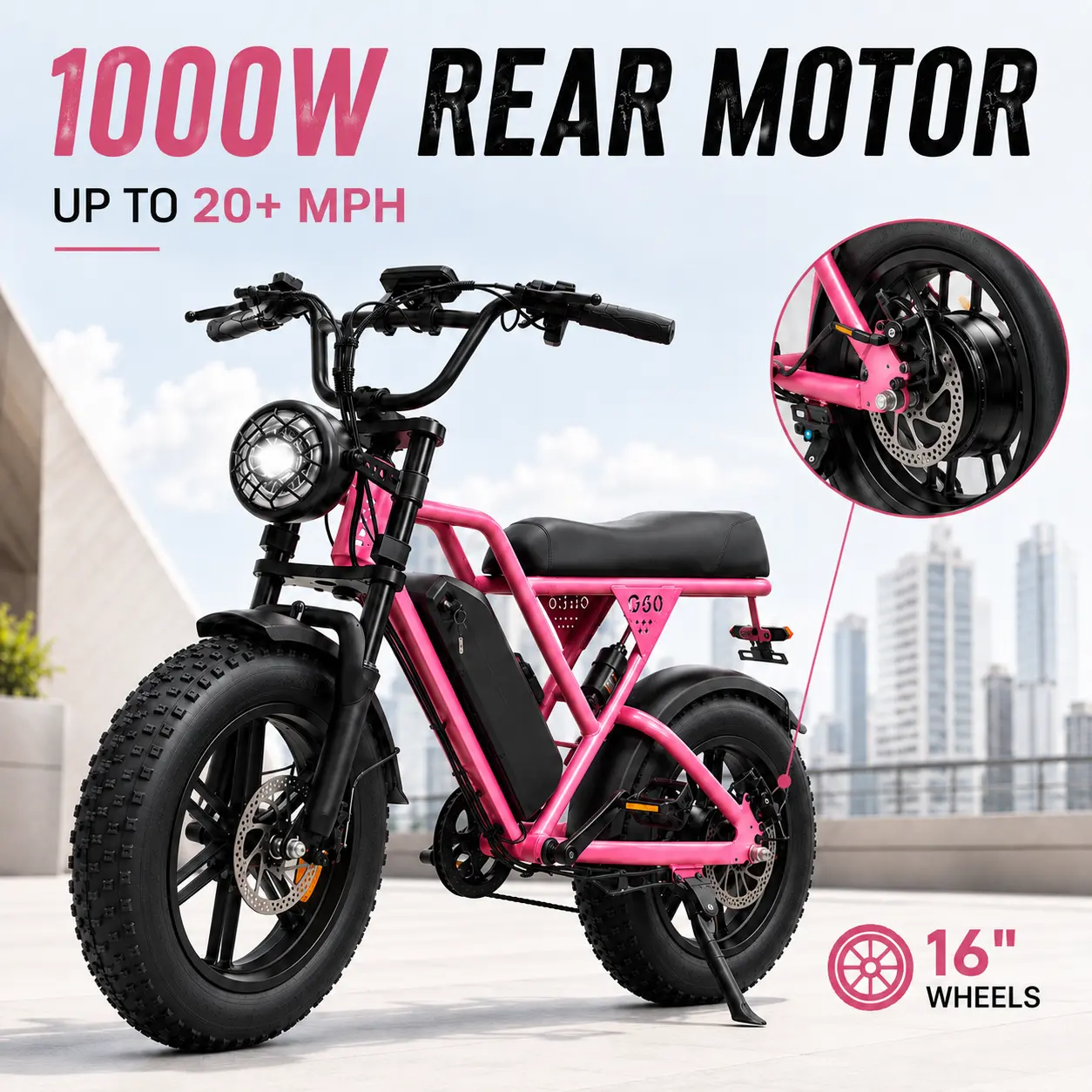 Retro Frame Adult Ebike, 1000W Peak Motor, 48V 15Ah Removable Bat., 20 MPH Top Speed, 20+ mi Range, 16-Inch Fat Tire E-Bike, Full Suspension, 7-Speed Gears, Dual Disc Brakes, Long Seat Urban Commuter Off-Road Cruiser for E-Biking