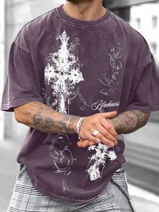 Men's Gothic Cross Graphic Tee, Loose Fit Long Sleeve Top, Heavyweight Washed Cotton Fabric, Breathable Skin-Friendly, Street Style