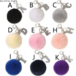 Faux Fur Pom-Pom Keychain - New In-Stock, Silver-Tone Alloy, Rhinestone-Embellished Initial Sparkling Accessory for Cars, Bags (Sports & Outdoor Accessory)
