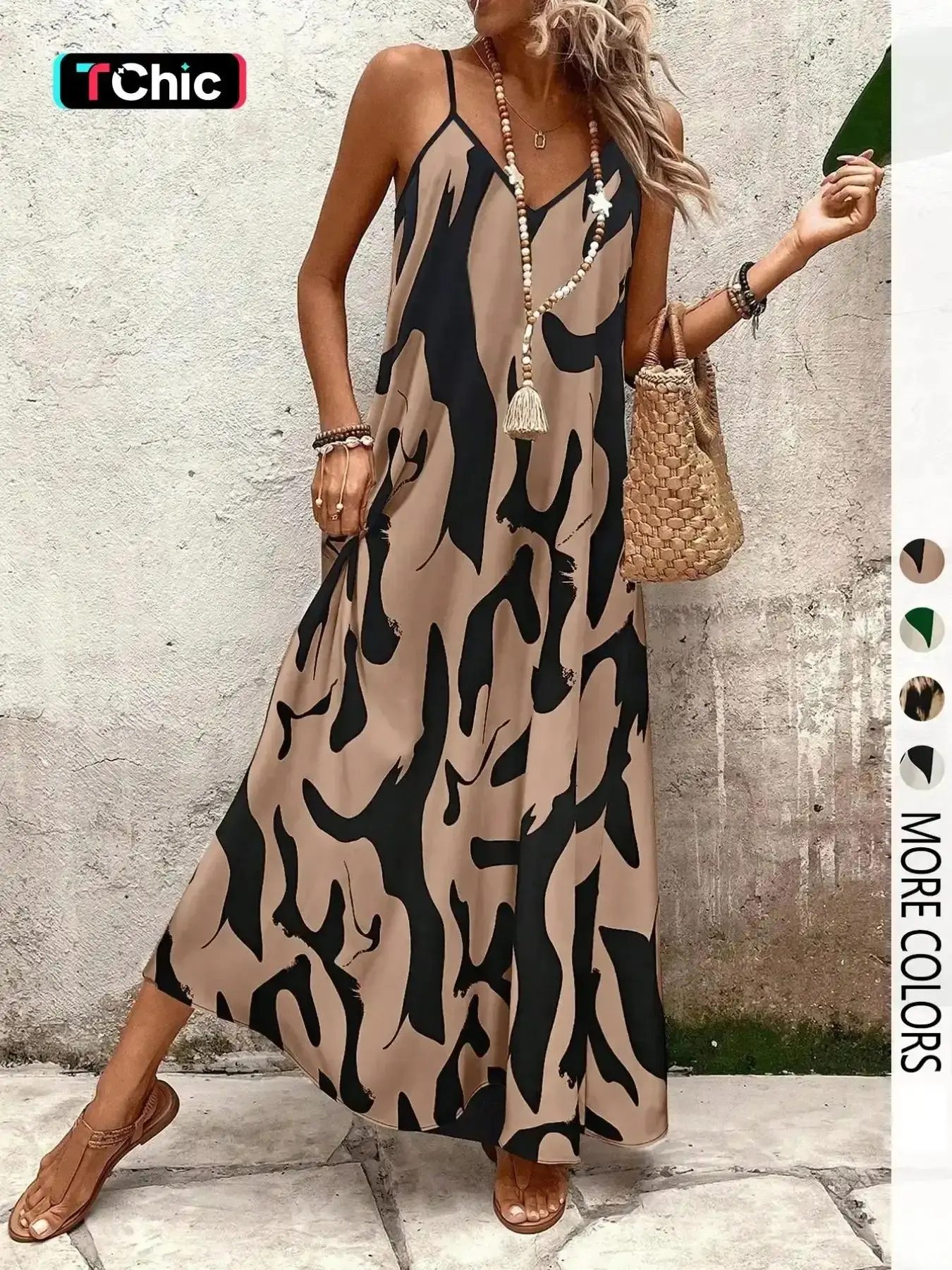 Women's leopard print Spaghetti Strap slip dress with V-neck and bohemian style, suitable for summer vacations and everyday commuting, Boho Sleeveless Dress