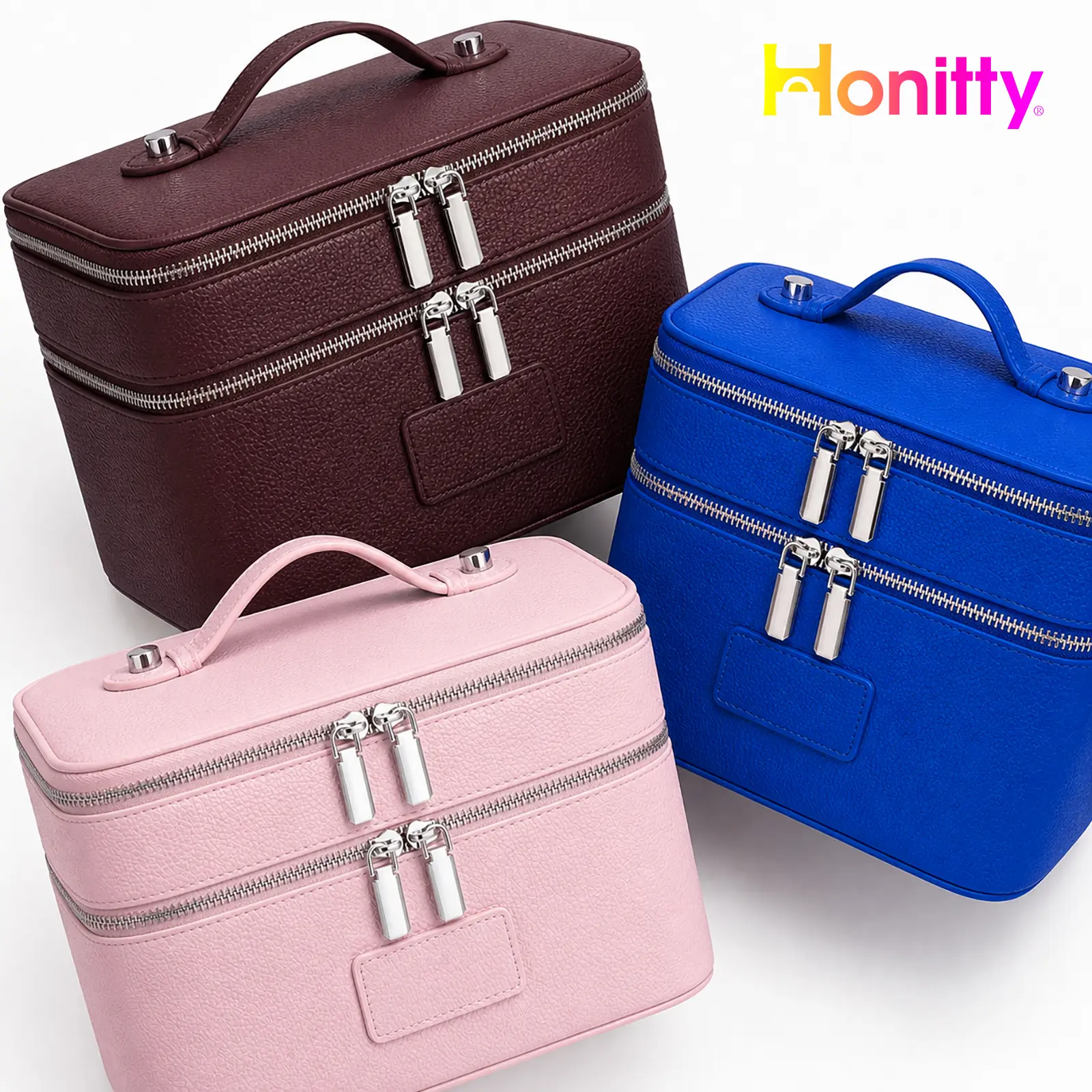 HONITTY Duo PU Leather Vanity Case for Women, Large Makeup Organizer with Removable Divider - Chic Plain Travel Bags for Holiday Essentials