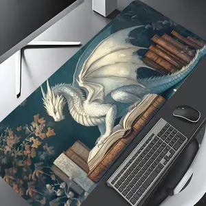 Fantasy White Dragon on Book Design Mouse Pad, Large Gameing Mouse Pad, Aesthetic Desktop Decoration Protective Pad, Non-slip Rubber Pad, Desk Accessories