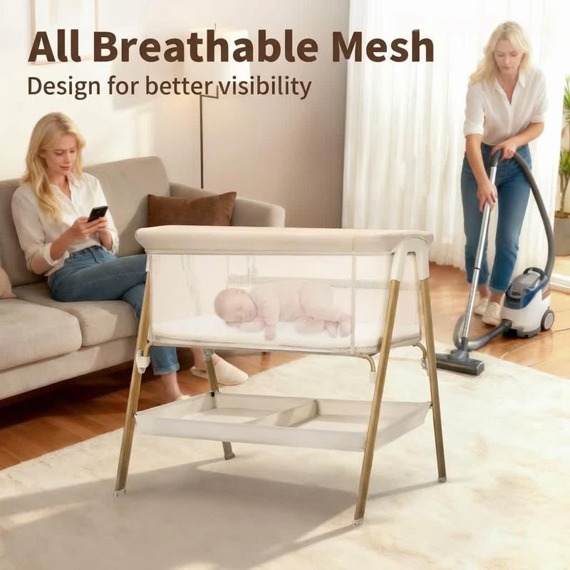 Baby Bassinet, Bedside Bassinet for Baby, Bassinet Bedside Sleeper with Mattress, Storage Basket and 4 Auto-Lock Wheels, Full-Mesh Sides, Bedside Mini Crib for Newborn (Beige)