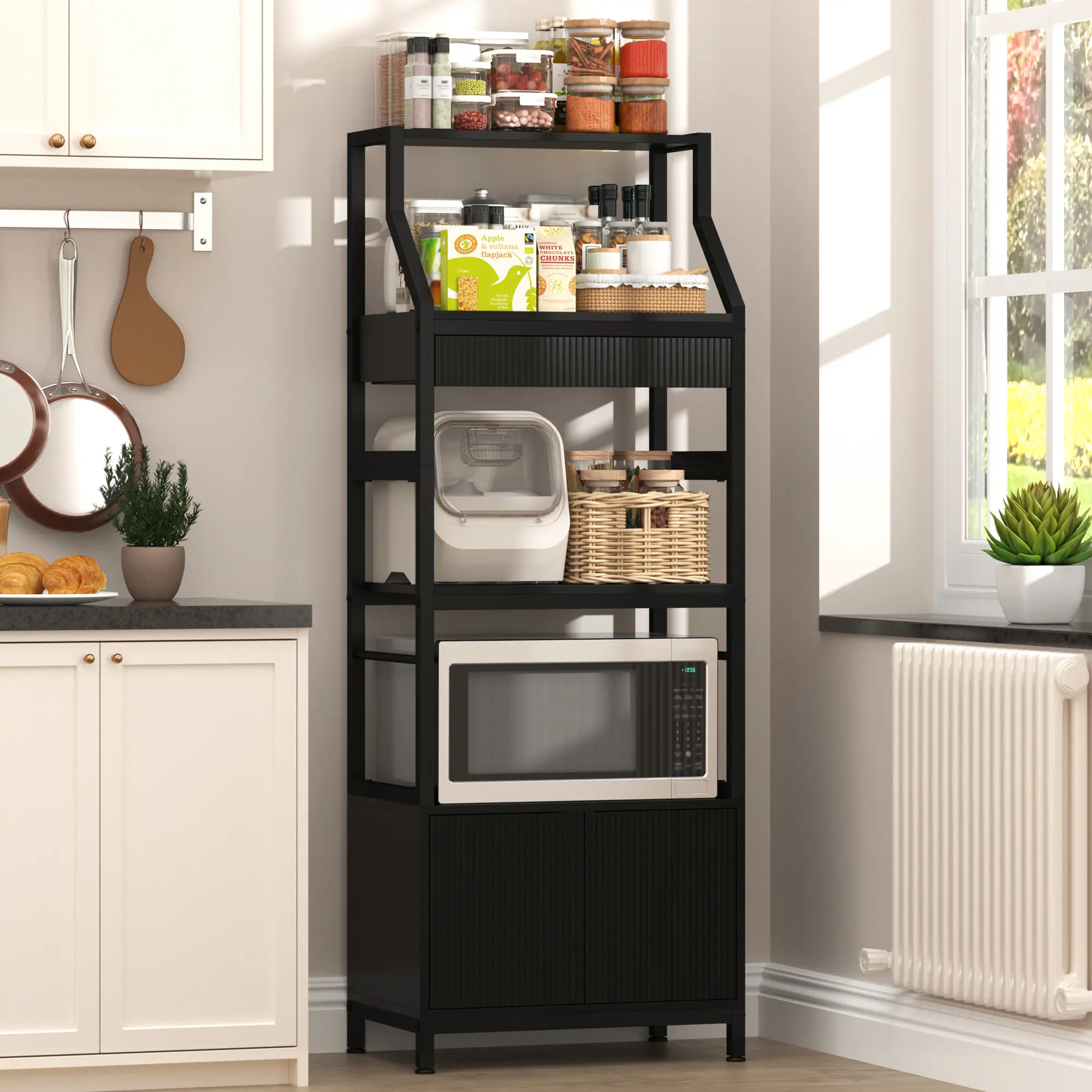 Bakers Rack with Storage Cabinet, Industrial Microwave Stand with Drawer,5-Tier Free Standing Kitchen Storage Shelf Rack,Coffee Bar Station for Kitchen, Dining Room