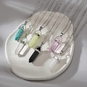 Hexagonal Column Crystal Pendant Natural Stone Quartz Necklaces Silver Color Chain Necklace For Women Men Fashion Jewelry
