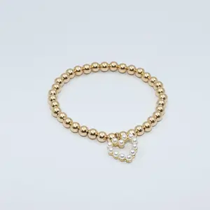 14K Gold Filled Beaded Bracelet for Women Waterproof Gold Plated Bead Ball Strand, Adjustable Jewelry with Pearl Heart Charm (4mm)