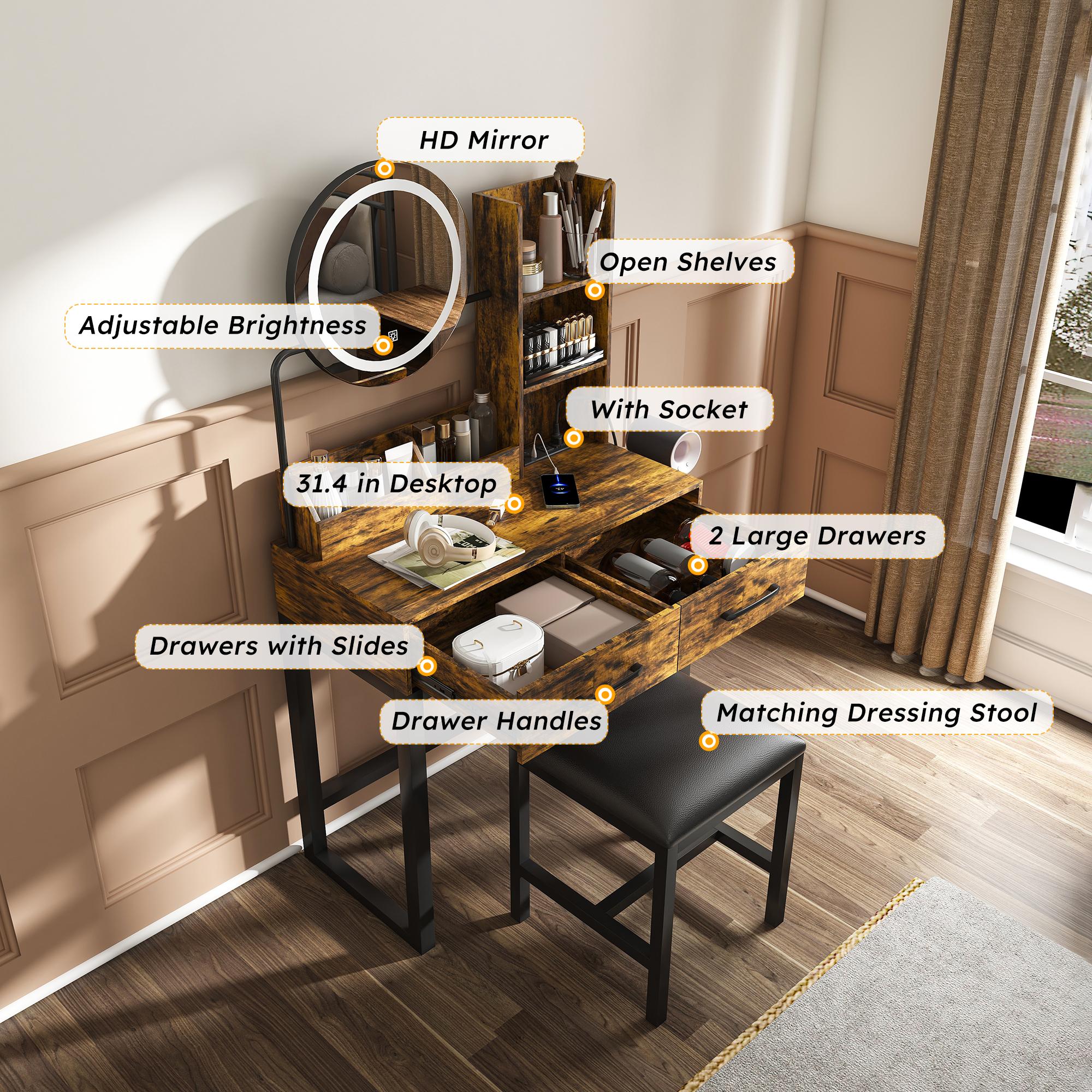 Small Makeup Vanity Desk with Large Mirror and Lights, Vanity Table with 2 Storage Drawer & Open Shelves, 3 Lighting Colors,LED Mirror Adjustable Brightness Brown Makeup Vanity