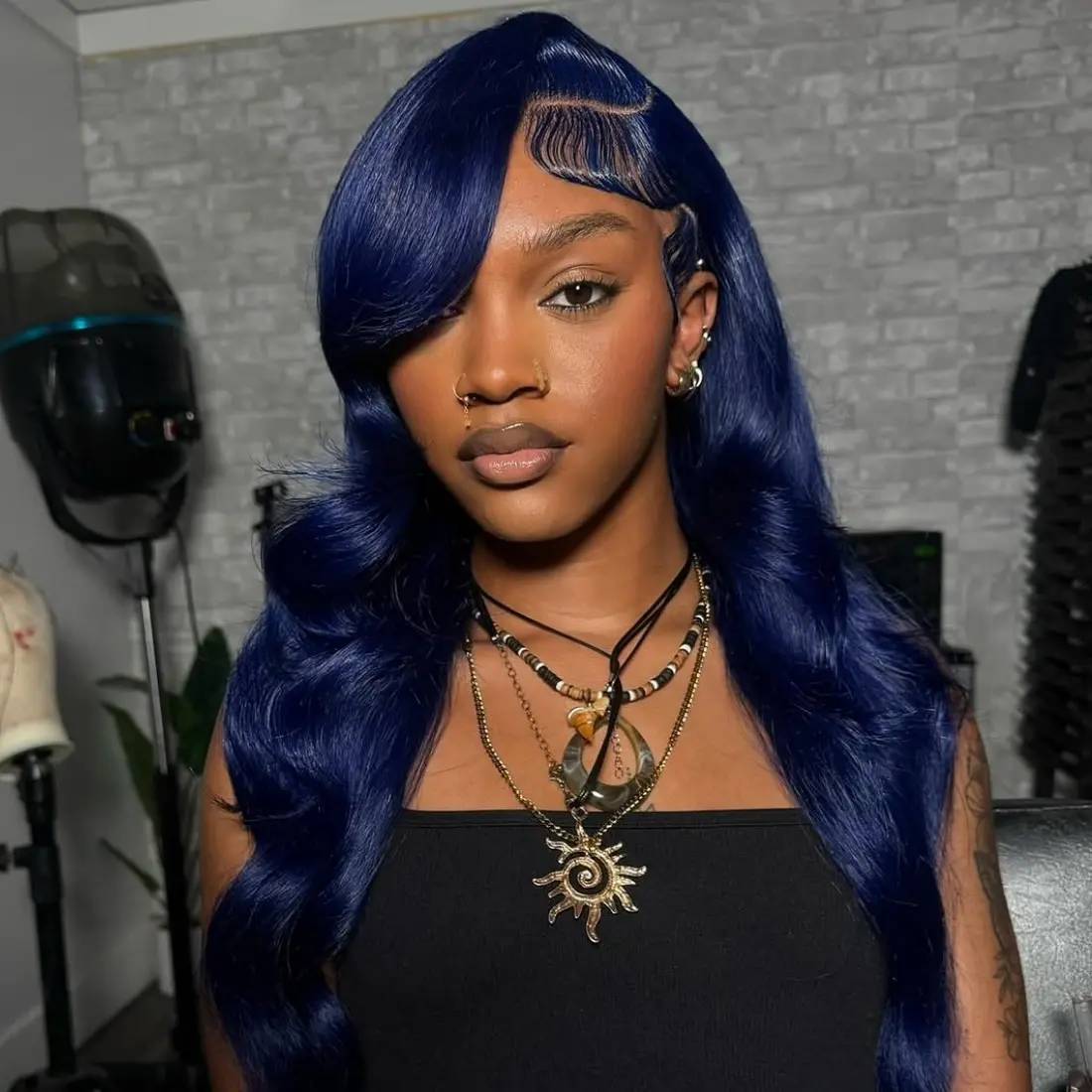 Dark Blue Colored Body Wave Wigs for Women 13x4 Lace Front Human Hair Pre Plucked for Women Midnight Blue Colored 180 Density Lace Front Wigs