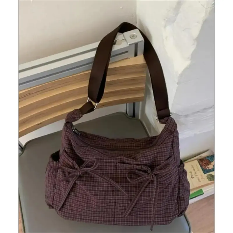 Women’s Plaid Bow Casual Shoulder Bag - Soft Lightweight Everyday Crossbody Purse, Roomy Messenger Bag for School, Shopping, Valentine’s/Holiday Gift (Sports & Outdoor Accessory), Everyday Crossbody Bag