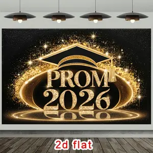 2D Flat - 2D Flat - 2D Flat Banner for Prom 2026: Featuring Shimmering Golden Lettering, a Graduation Cap, Twinkling Stars, And a Sophisticated Black Polyester Backdrop, Perfect for Decorating