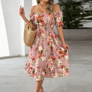 2026 new spring/summer flower off shoulder short sleeved ruffled A-line skirt vacation dress