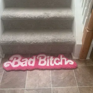 Hand Tufted Baddie Rug - Pink and White Text Design