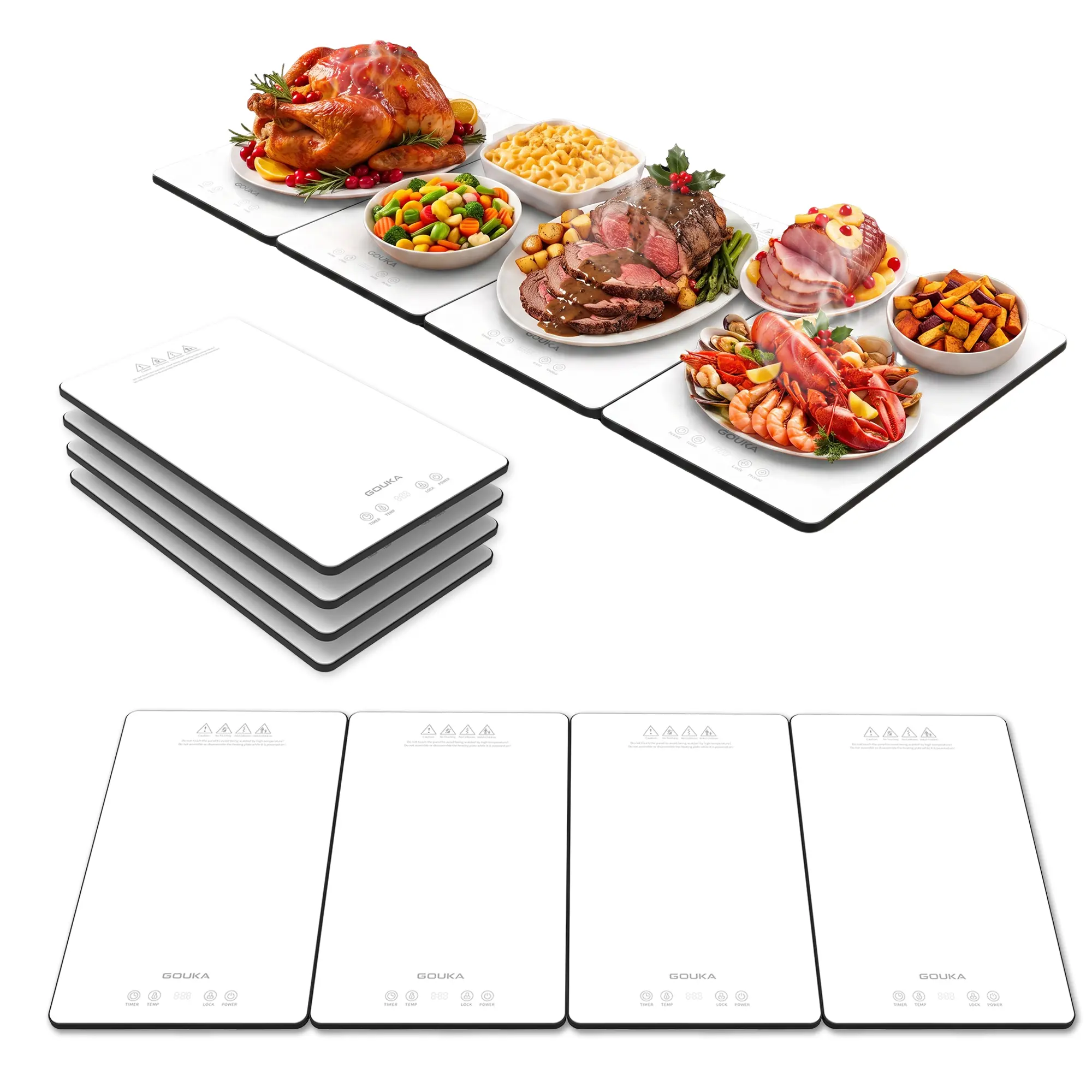 4-in-1 Electric Foldable Warming Tray—a food-warming appliance for parties and buffets,  38 x 15.5-inch glass-surface heating pad with 10 temperature settings and an 8-hour timer，Safety lock; a modular buffet warming tray designed for hosting gatherings.