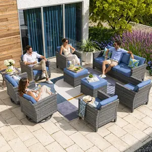 【Summer Vibes】Ovios 10-Piece Outdoor Patio Conversation Set with Swivel Rocking Chairs & 3-Seat Sofa, All-Weather Wicker Rattan Furniture Set with Ottomans & Coffee Table for Backyard, Porch, Deck & Patio