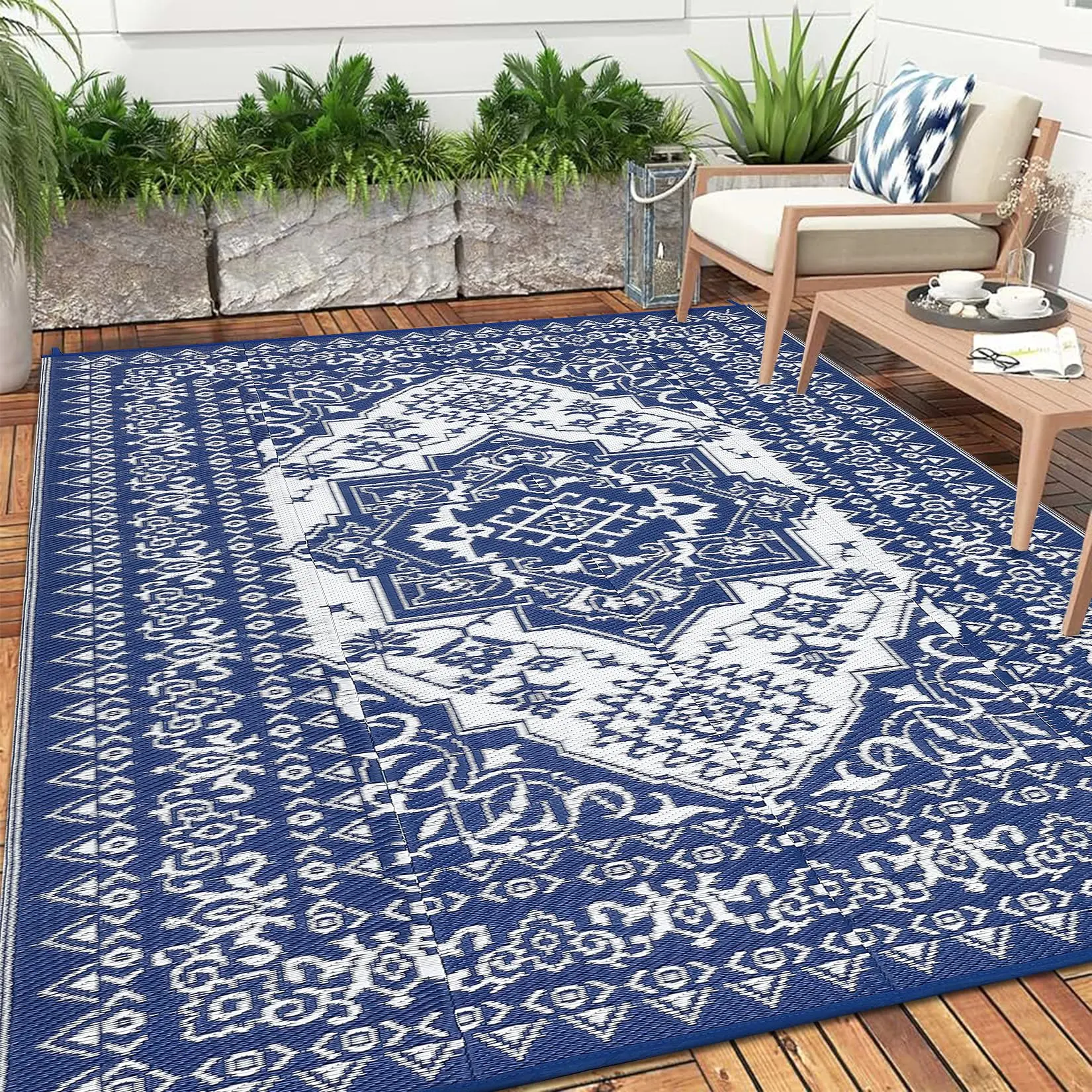 GARVEE Outdoor Rug Waterproof 10x14 Reversible Patio Rugs, Extra Large Vintage Medallion RV Camping Rug, Indoor Outdoor Plastic Straw Mat for Deck, Picnic, Beach, Garden, Porch, Dark Blue/White