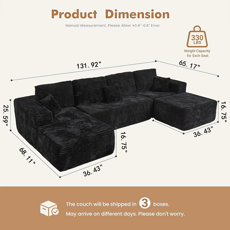 [3 Packages Shipped] U-shaped Modular Sectional Sofa, Compressed Corduroy Fabric, Modern Style Living Room Sofa Bed, Space-Saving Recliner Design - Convertible Corduroy Sectional Sofa，midnight madness sectional