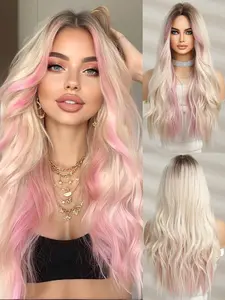 Holiday Haul: 26 Inch Long Wavy E-girl Wig, Blonde with Pink Peekaboo Highlights and Dark Roots, Synthetic Middle Part Wig for Women, Perfect for Fashion & Party