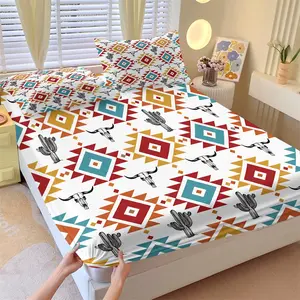 American Navajo Style Camouflage Fitted Sheet Set, 1 Sheet & 2 Coreless Pillowcases, Navajo Geometric Patterns with Cactus Steer Skull Elements, Deep Pocket Anti-Slip, Bohemian Bedroom Decor, Gift Choice