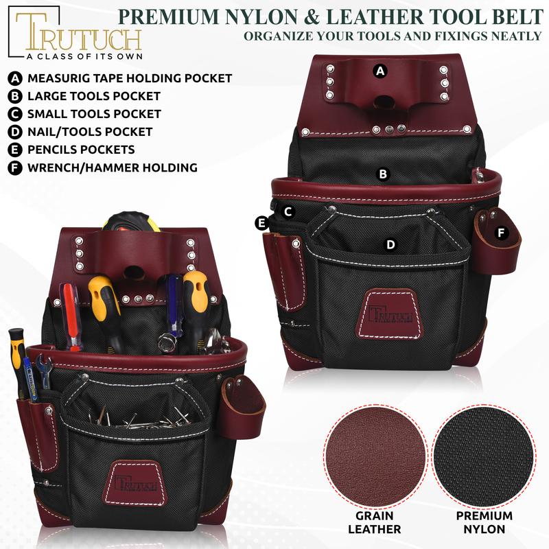 TRUTUCH Black Heavy Duty Nylon and Leather Tool Belt for Carpenters, Framers, and Electricians