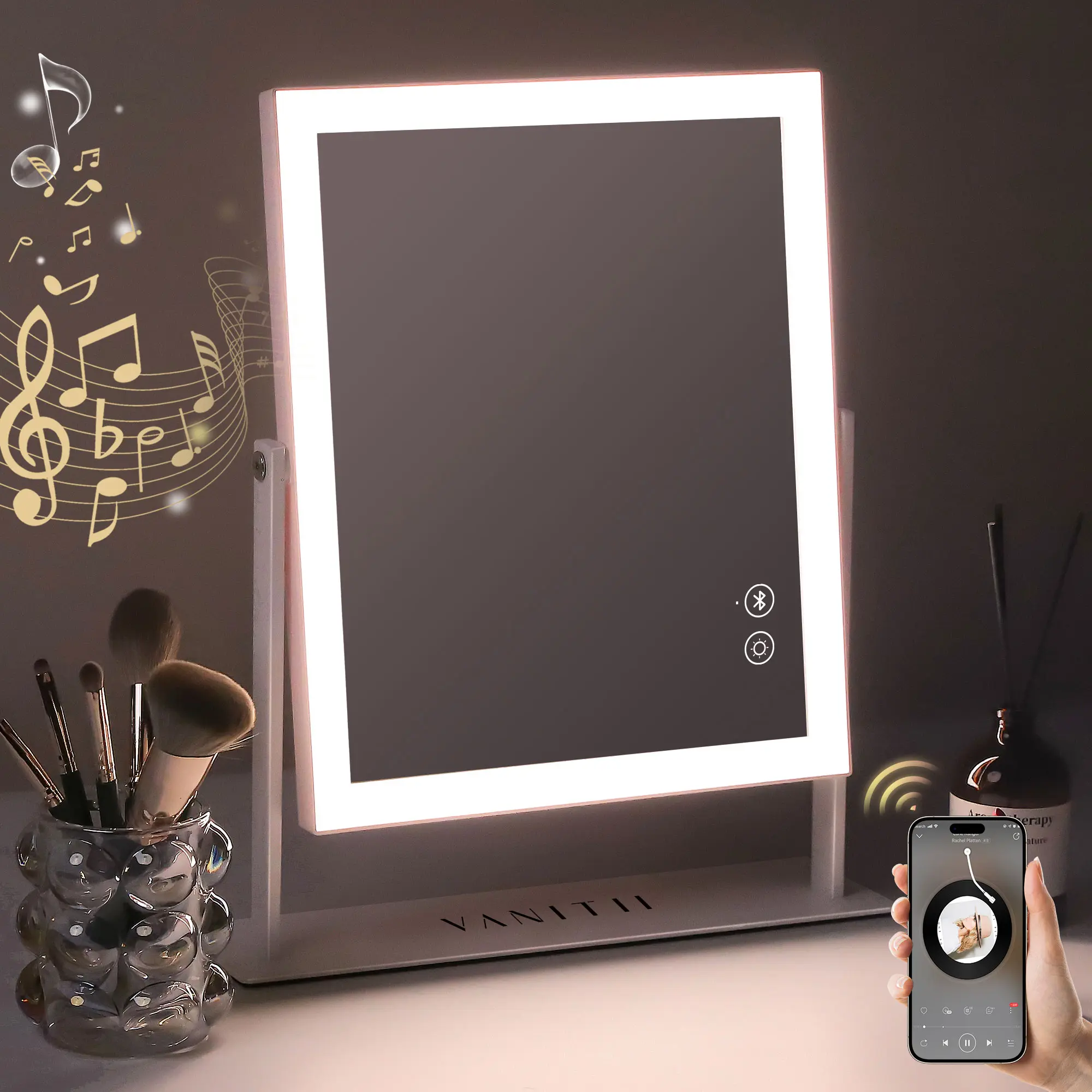 VANITII 12''x14'' Vanity Makeup Mirror with Lights Bluetooth Metal Tabletop White,summervibes