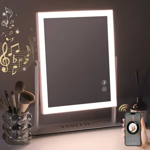 VANITII 12'' LED Lights Vanity Mirror - 14'' Backlit, Dimmable, Bluetooth Speaker, White Metal Tabletop, Easy Setup, Dresser Accessory, Smart Ideal Gift