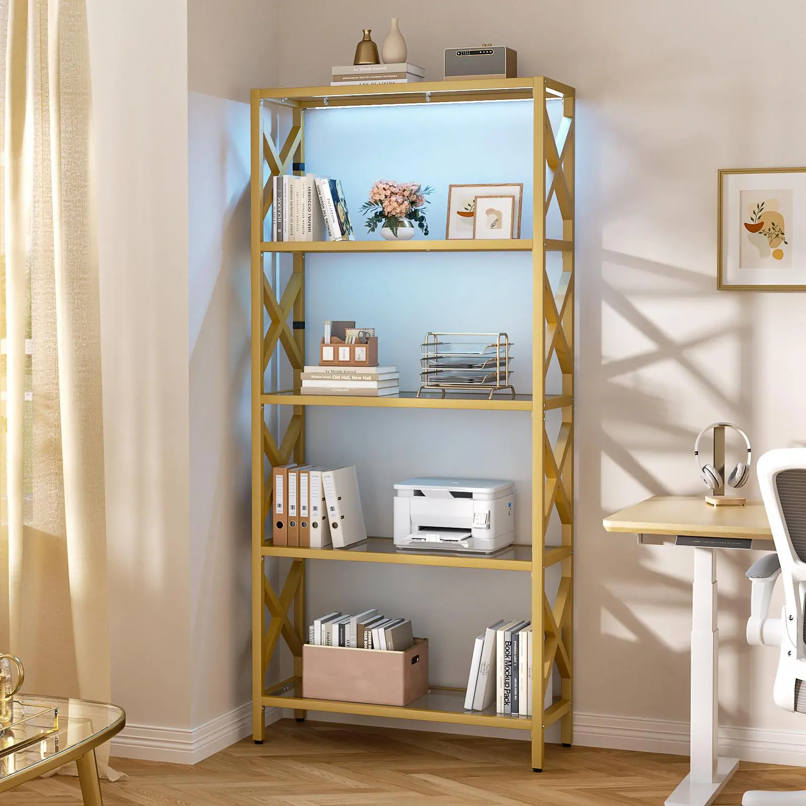 3-5 Tiers Metal Bookshelf with Tempered Glass Shelves and LED Lights, Gold Bookcase Metal Frame Display Storage Shelving Rack for Living Room Office