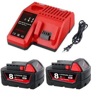 2 Pack 18V 8.0Ah Replacement for Milwaukee 18V Battery and 3A 12-18V Charger Compatible with Milwaukee Battery 48-11-1840 48-11-1850 48-11-1828 48-11-1812