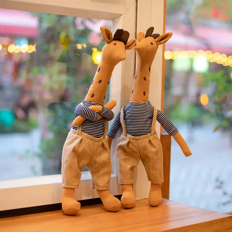 Cloth Deer & Giraffe Plush Dolls - Striped Stuffed Toys with Beige Overalls, Soft Touch, Whimsical Look, for Kids, Room Decor, Home & House Decor Birthday Gift